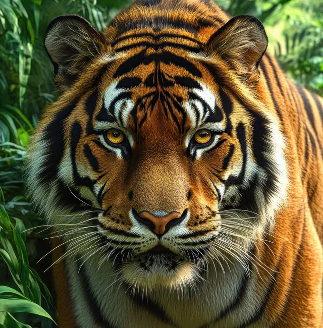 Close-up tiger with yellow eyes surrounded by dense green jungle leaves.
