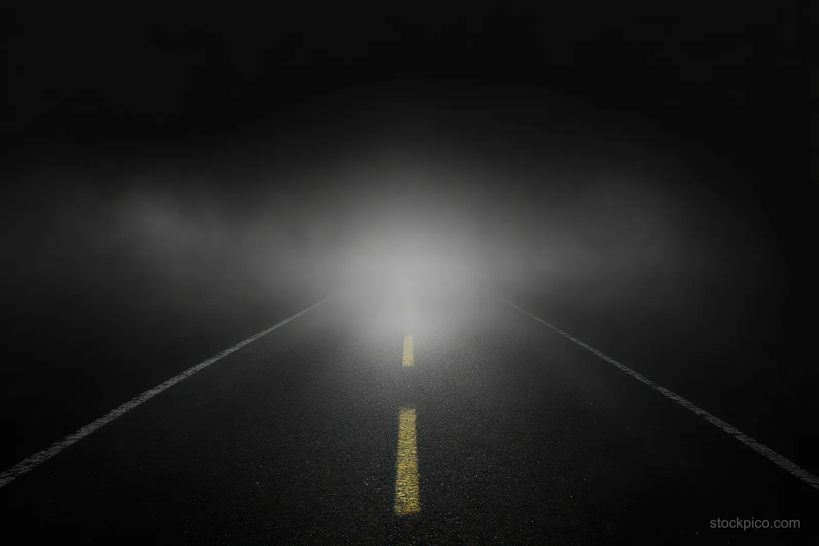 An empty dark asphalt road at night disappears into thick fog, marked by a fading yellow dashed center line.