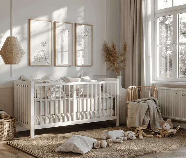 Sunlit Scandinavian baby room showing a white wooden crib, beige rug, toys, and framed mockups by tall windows.