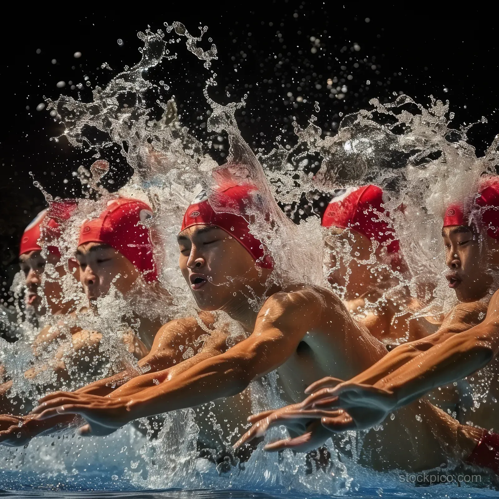 Chinese artistic swimmers move in sync during a technical routine, creating dramatic water splashes.