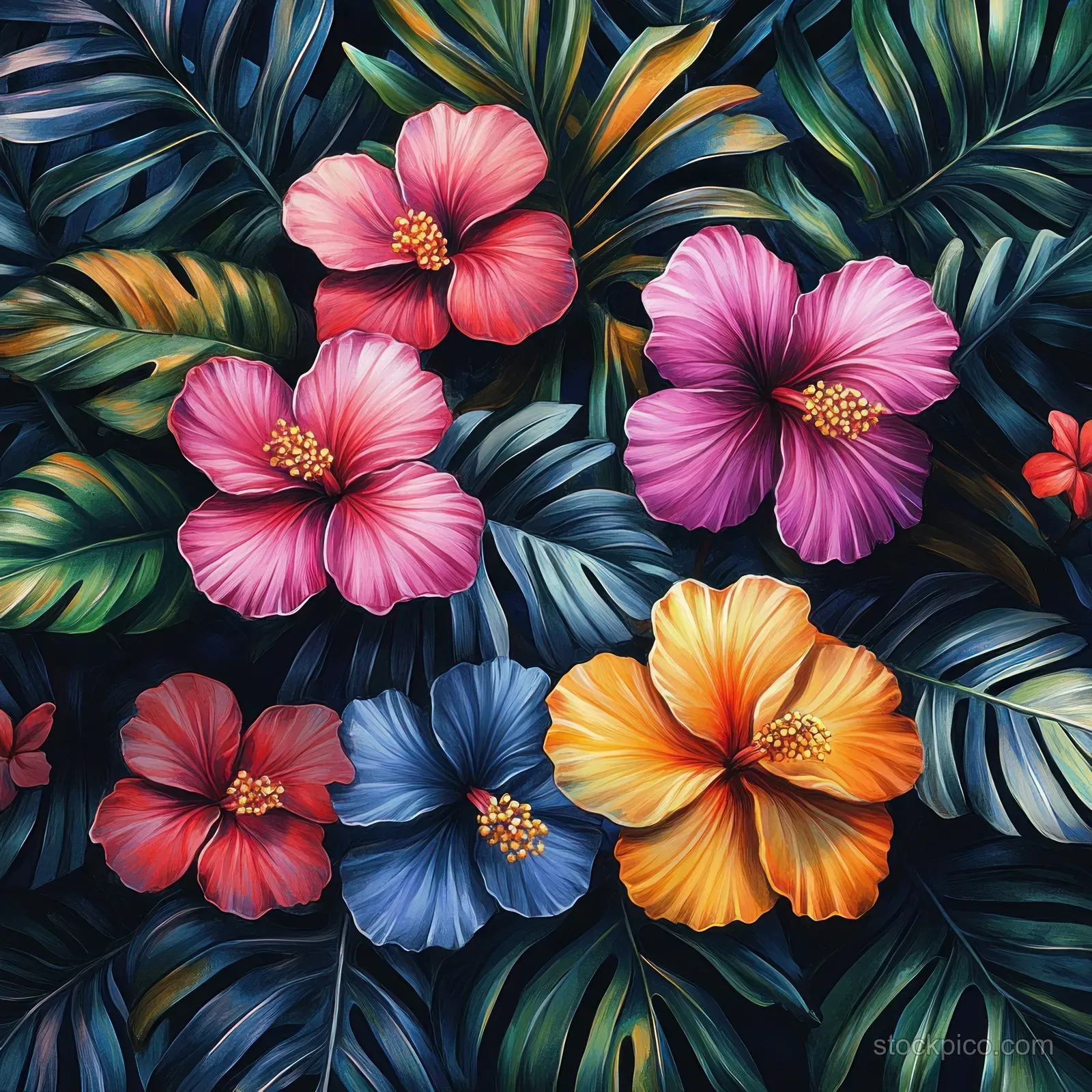 Hibiscus flowers and tropical leaves painted in watercolor colors arranged in a seamless dark pattern.