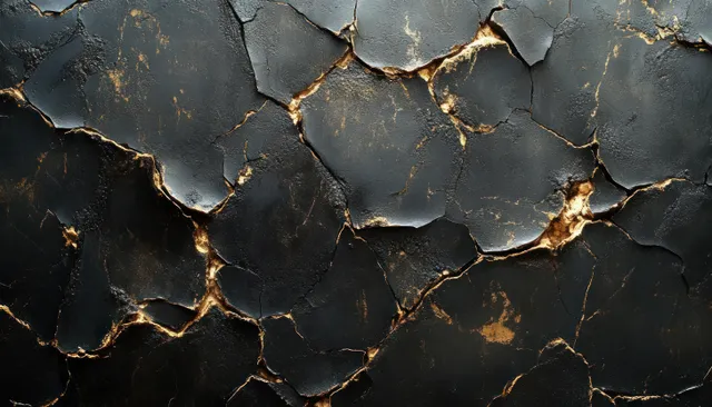 Cracked black stone surface with bright golden fissure lines and deep shadows.
