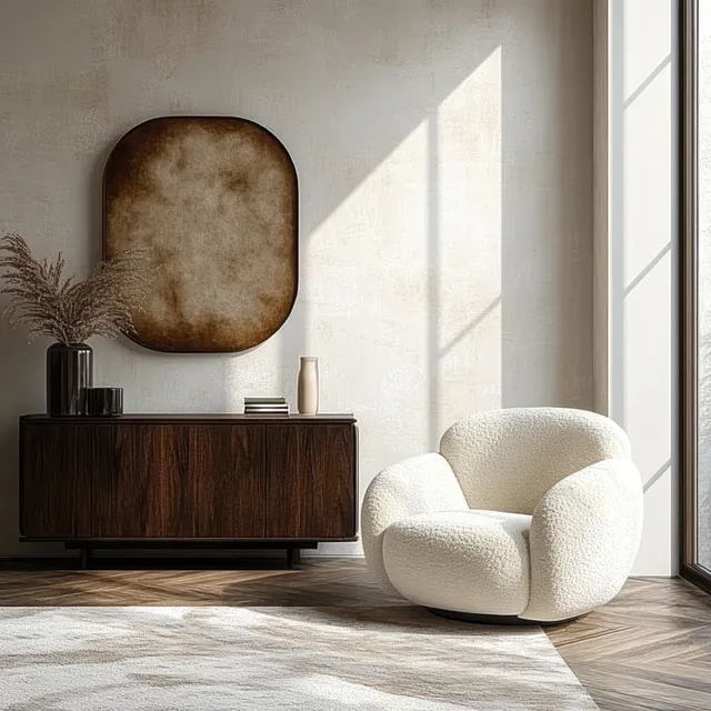 Plush white armchair and dark wooden sideboard sit in a sunlit Scandinavian living room with minimalist wall art.
