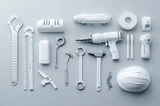A collection of construction hand tools, drill parts, measuring tape, and a protective helmet arranged on a gray surface.