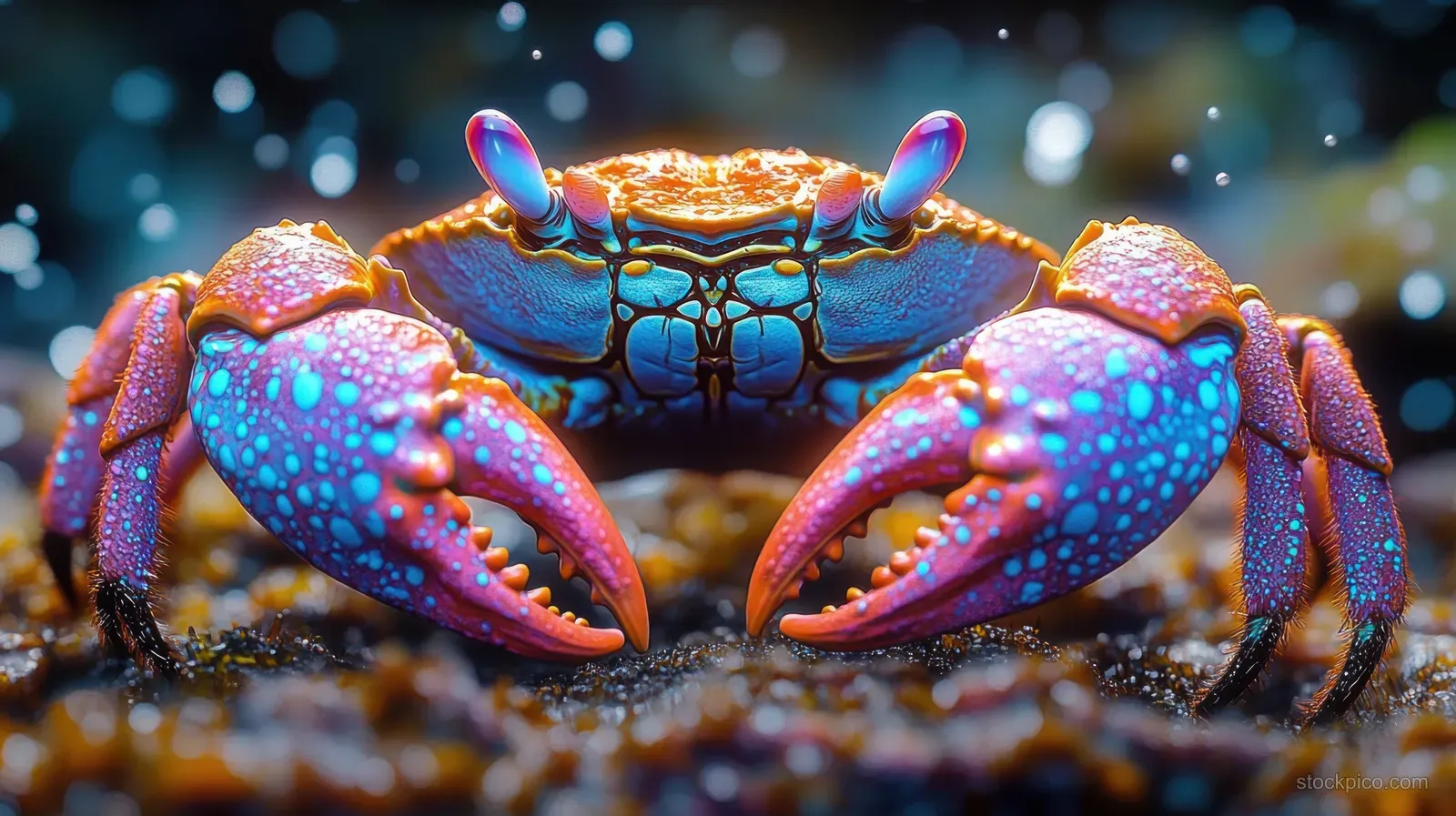 A vibrant cartoon crab character swims in an underwater ocean scene, perfect for playful marine life designs.