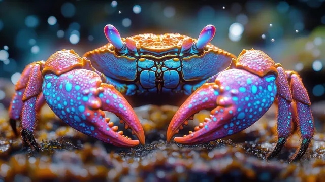 A vibrant cartoon crab character swims in an underwater ocean scene, perfect for playful marine life designs.