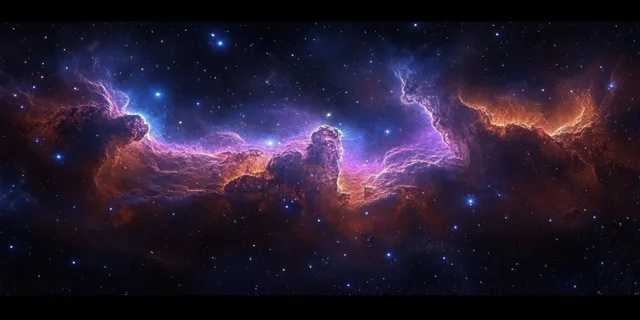 Vibrant cosmic nebula panorama with glowing starfield and surreal clouds across deep space