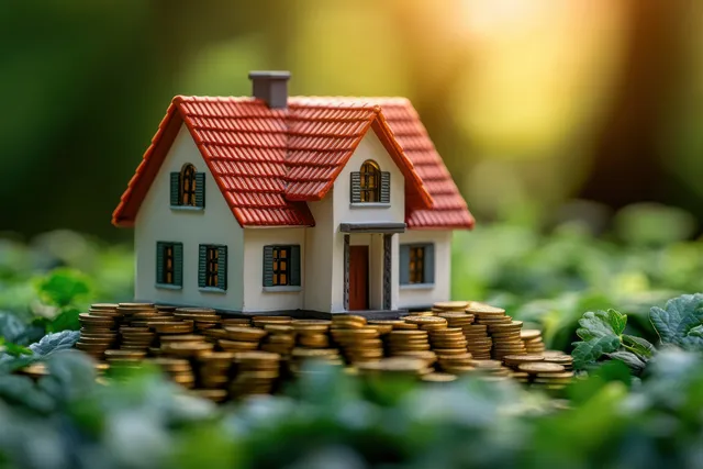 Miniature house with red roof on gold coin stacks with green leaves in warm sunlight