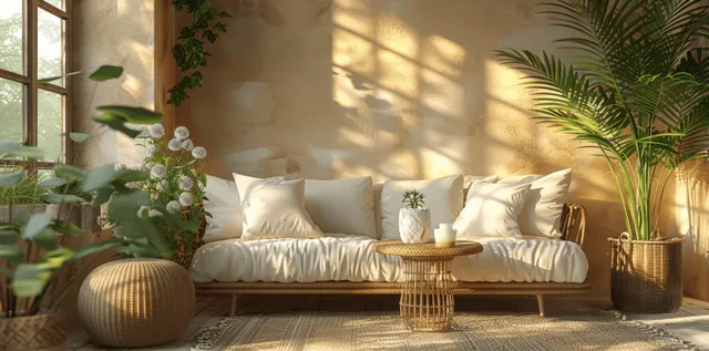 Beige sofa and white pillows in a sunlit Scandinavian living room with concrete wall, plants, and a wooden coffee table.