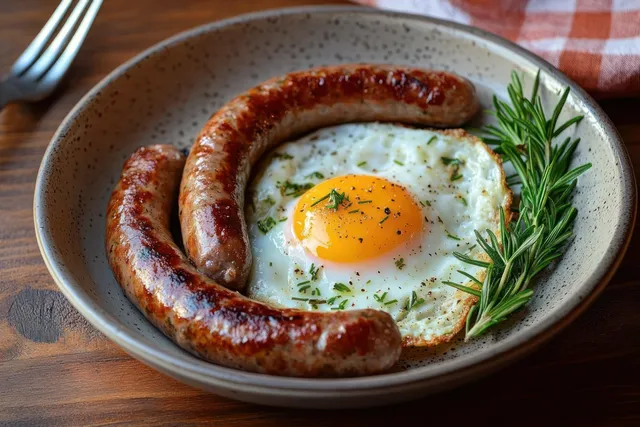 Close-up breakfast plate with grilled sausages, a sunny-side-up egg with herbs, rosemary sprig, and pepper on rustic wood.
