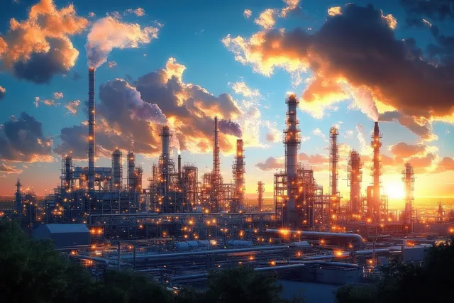 Oil refinery glowing at dusk with towering stacks, smoke plumes, and glowing pipework network