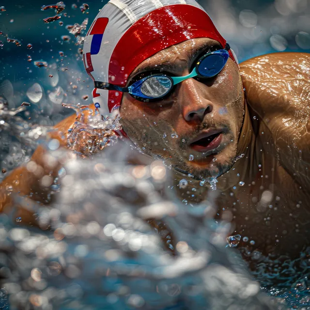 Freestyle swimmer surges at the pool wall with strong splashes during a relay race.