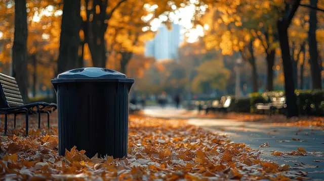 Empty black trash can in an autumn park with golden leaves covering a walkway and trees glowing in sunlight.