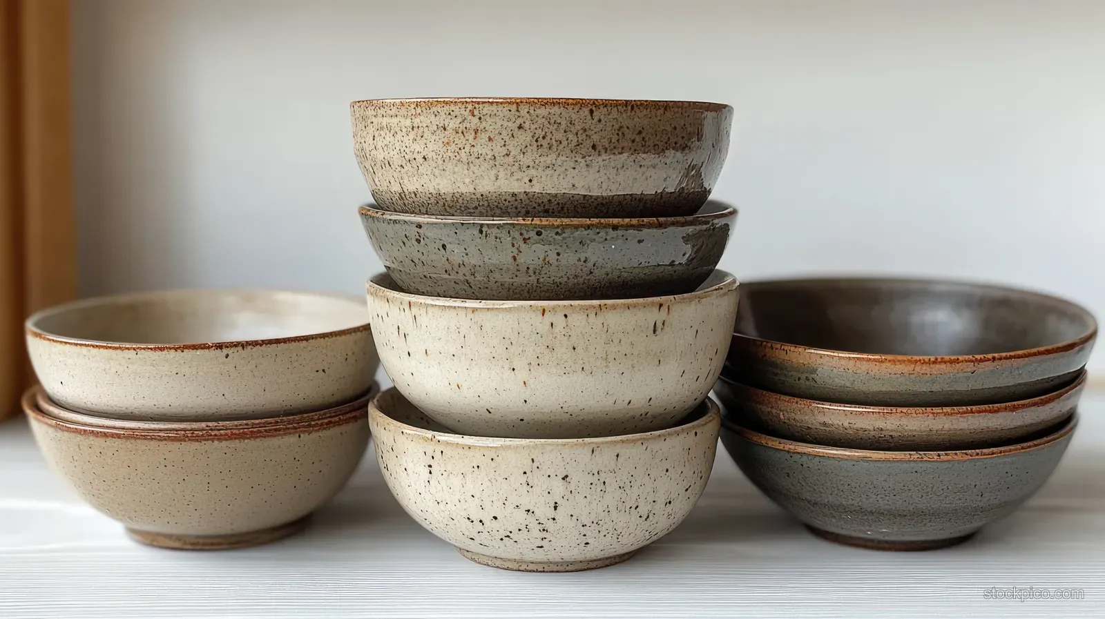 Stack of speckled ceramic bowls in beige and gray tones arranged on a light wooden tabletop.