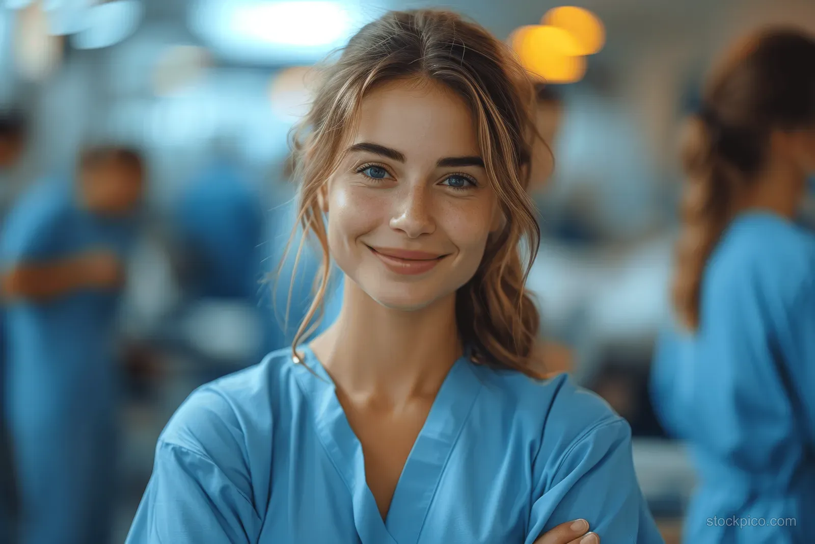 A female nurse in blue scrubs stands in a hospital corridor with a stethoscope as a medical team blurs in the background.