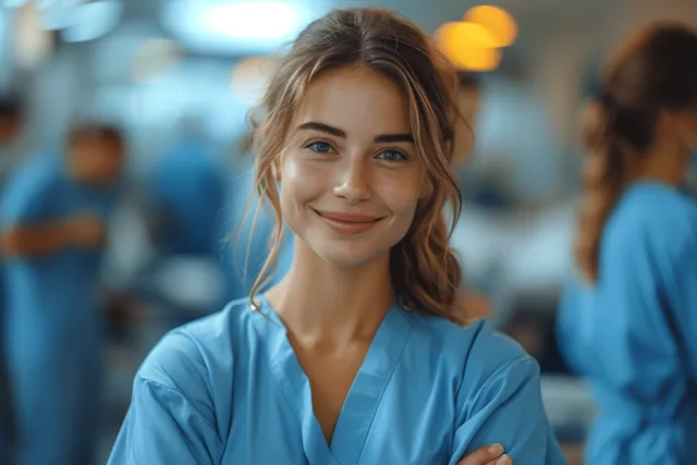 A female nurse in blue scrubs stands in a hospital corridor with a stethoscope as a medical team blurs in the background.