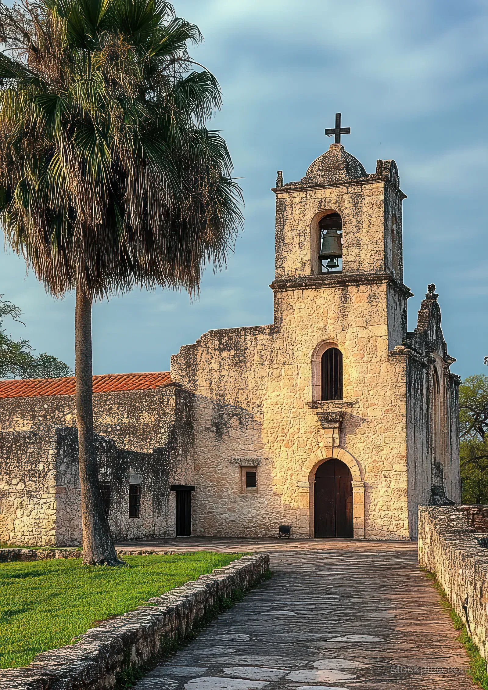 A weathered stone mission church with a bell tower and arched doors stands beside a palm tree under a cloudy sky.