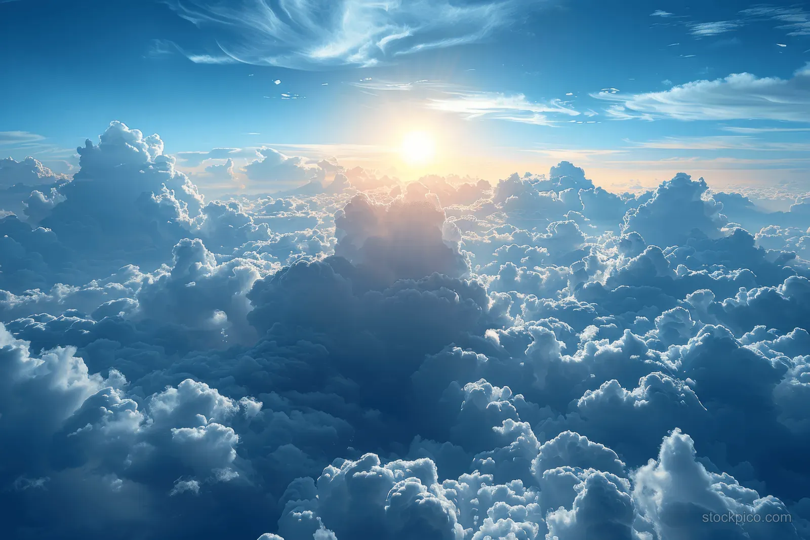 Sunrise shining over thick clouds in a wide blue sky.