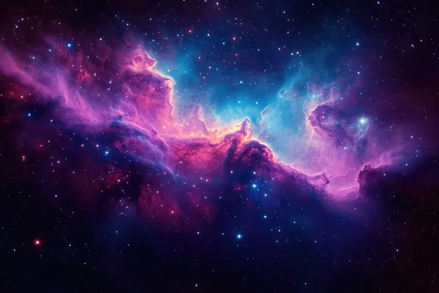 Purple and blue nebula gas clouds glow across deep space with many bright stars scattered in the dark.