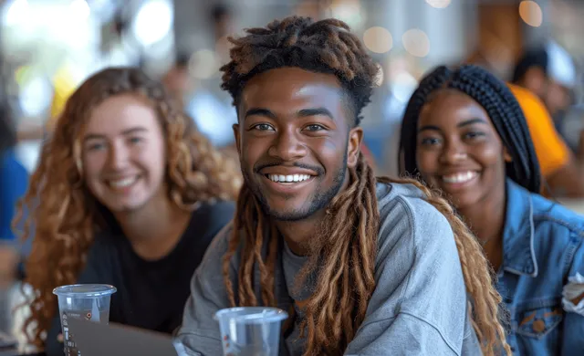 Three diverse students smile while studying at home with laptops on a table during a team project.
