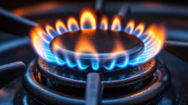 Blue and orange flames burn evenly around a metal gas stove burner in a tight close-up.