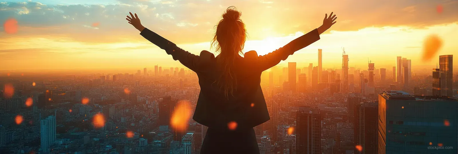 Silhouetted businesswoman with arms raised in celebration on a rooftop overlooking a glowing sunset skyline.
