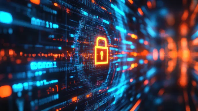 Secure Two-Factor Authentication on a Digital Screen with Glowing Lock in Blurred Cyber Background