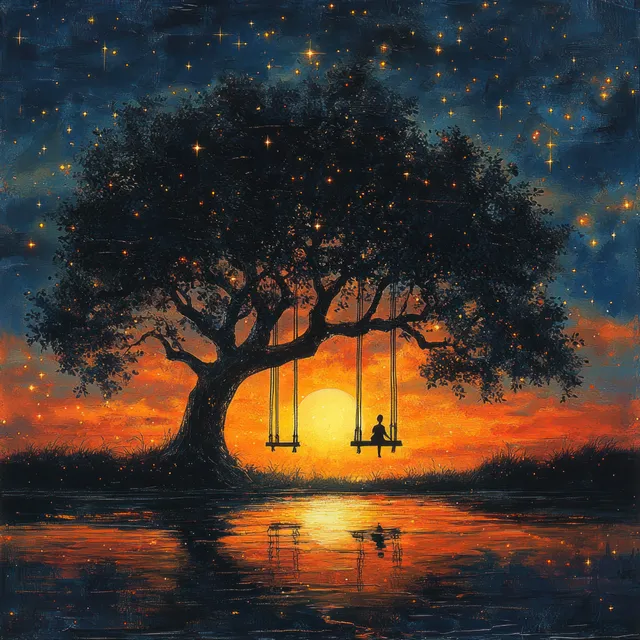 A silhouetted tree and hanging swing reflect on calm water under a glowing sunset sky.