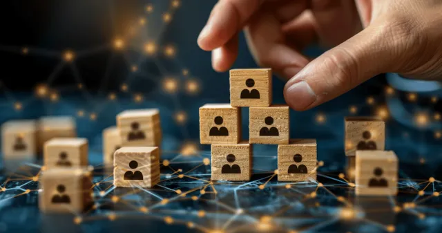 HR planning with hands arranging workforce cubes above a network of people icons
