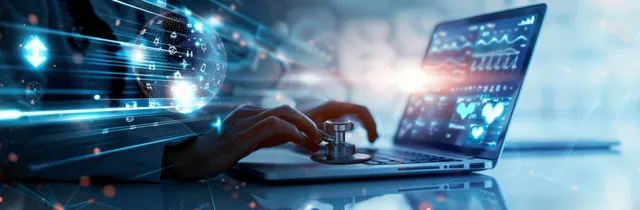 Doctor hand using laptop medical interface with virtual records in glowing network scene