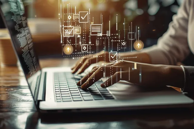 Hands typing on laptop with digital checklist and encrypted document icons
