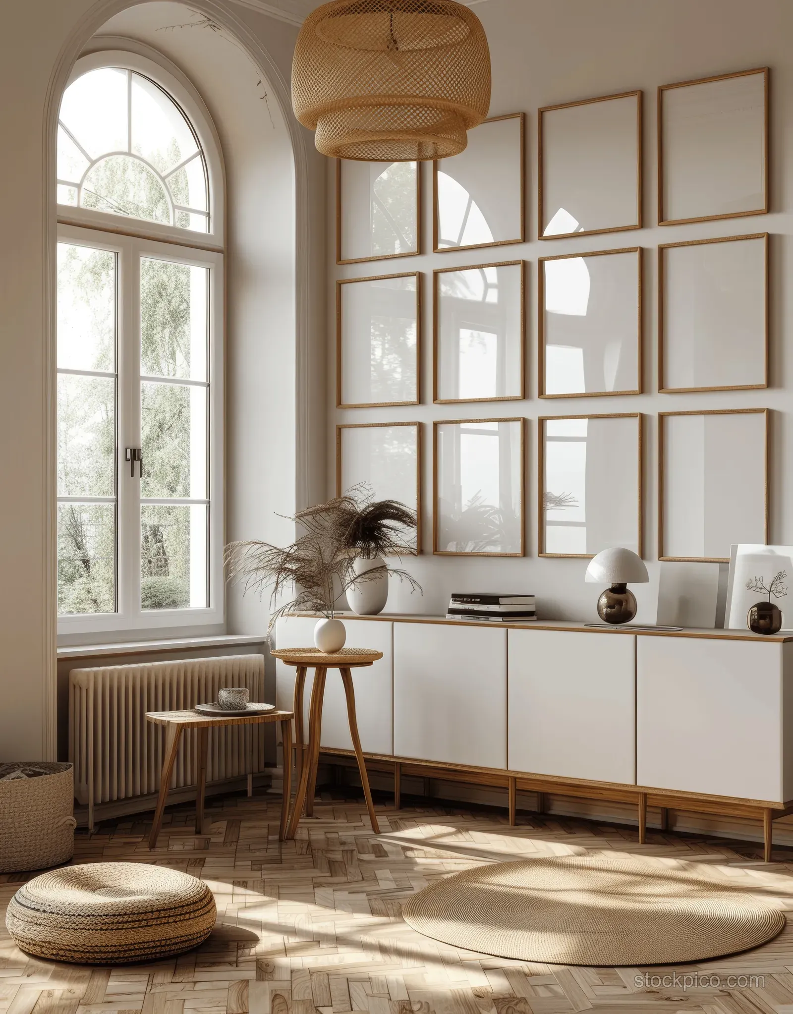 Blank wooden picture frame mockup sits on the wall beside large windows in a bright Scandinavian living room.