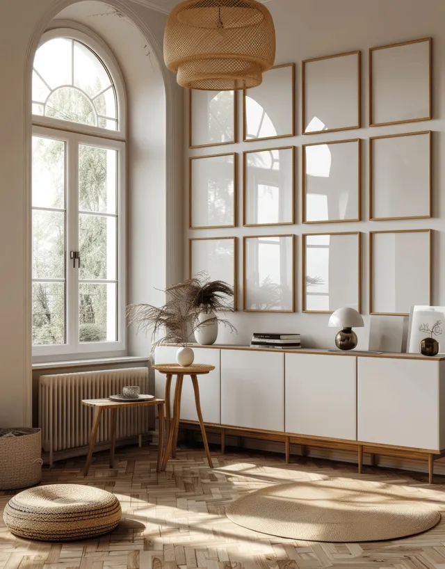 Blank wooden picture frame mockup on wall in bright Scandinavian living room near large arched window