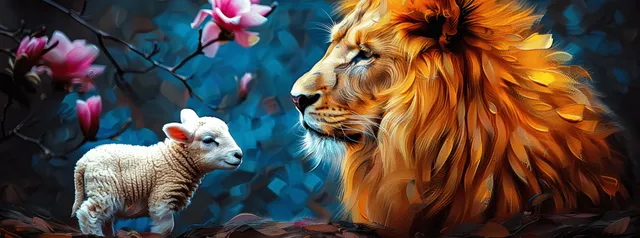 A lion and lamb face each other in a dark scene with dramatic lighting and textured fur.