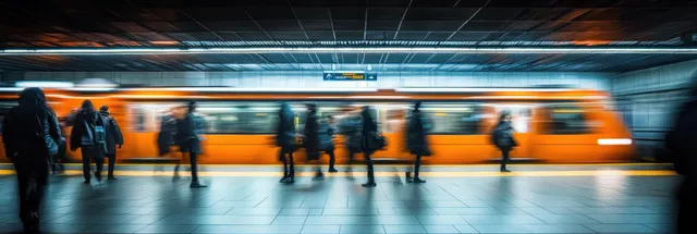 Blurred commuters rushing past a speeding subway train inside a lit underground station