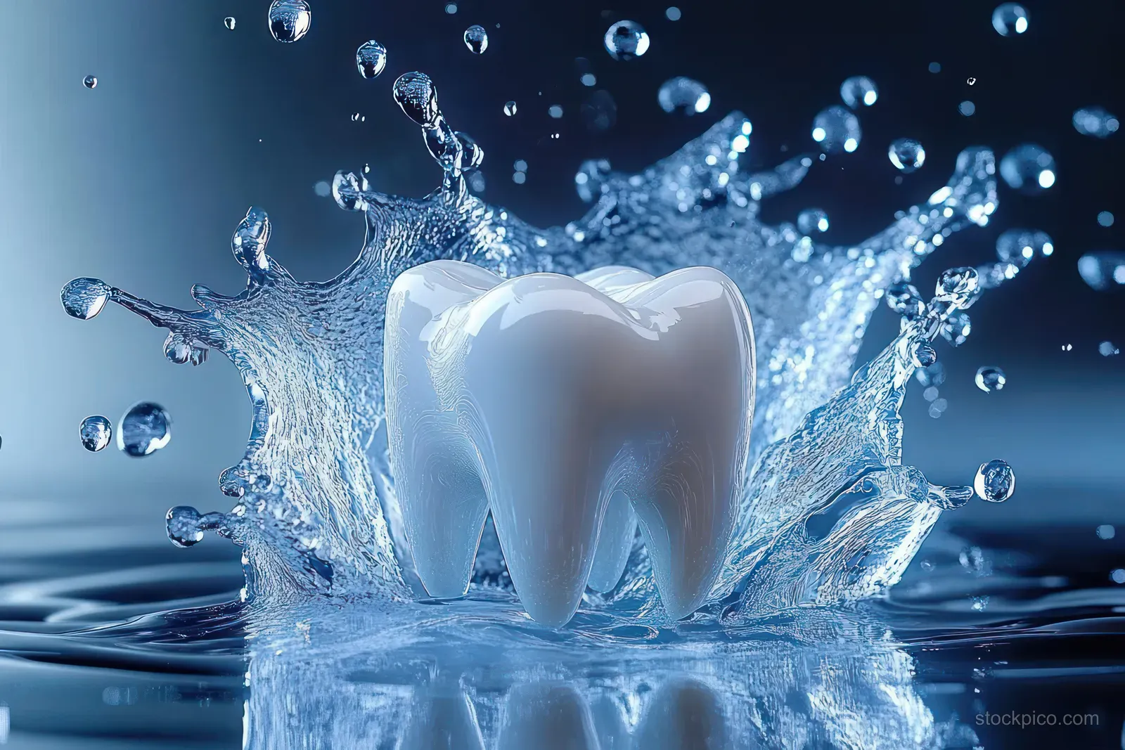 Shiny white tooth plunging into clear blue water with droplets and ripples around it