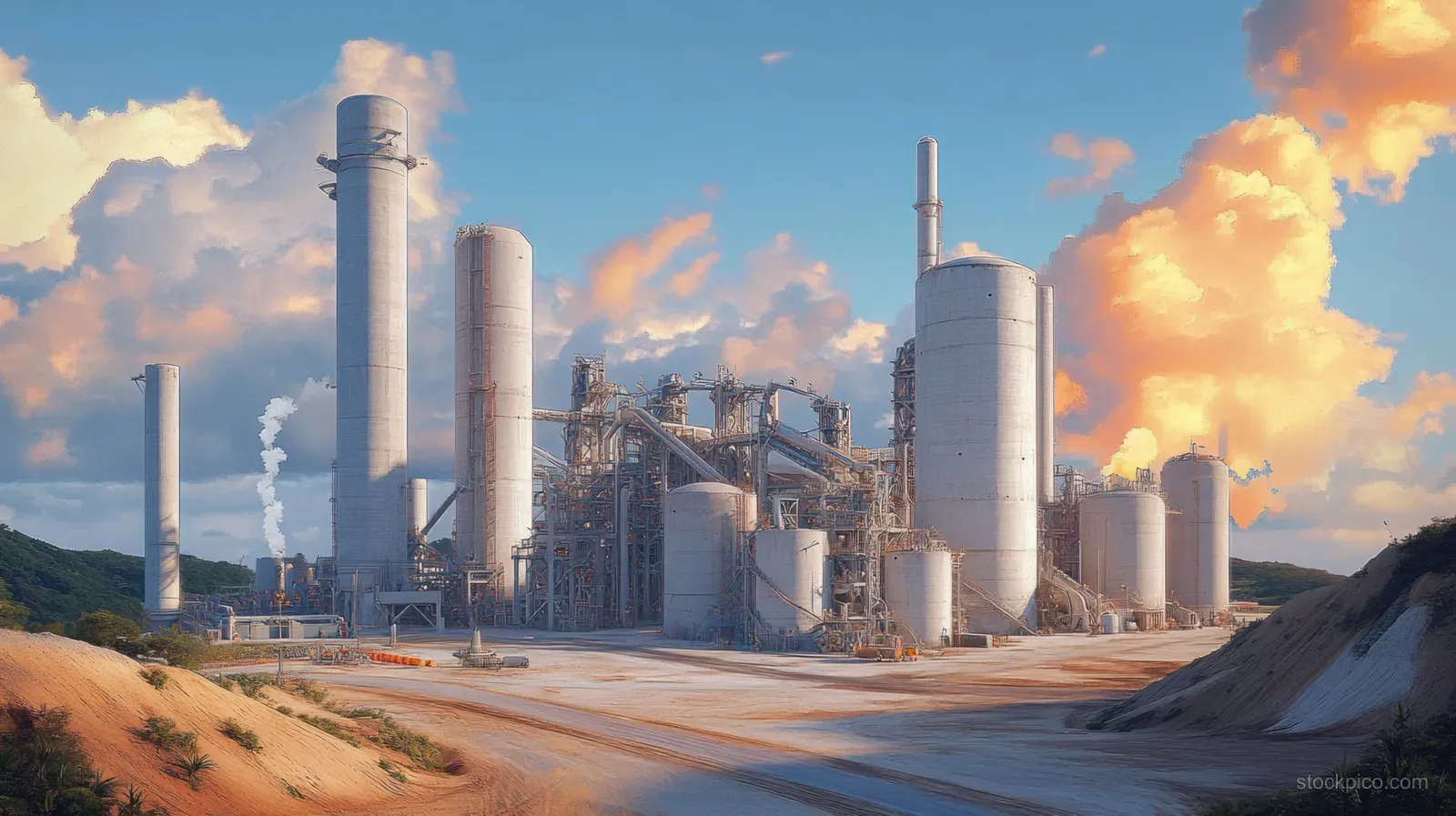 A cement factory with tall silos and smoke stacks sits beside a road under a dramatic sunset sky.