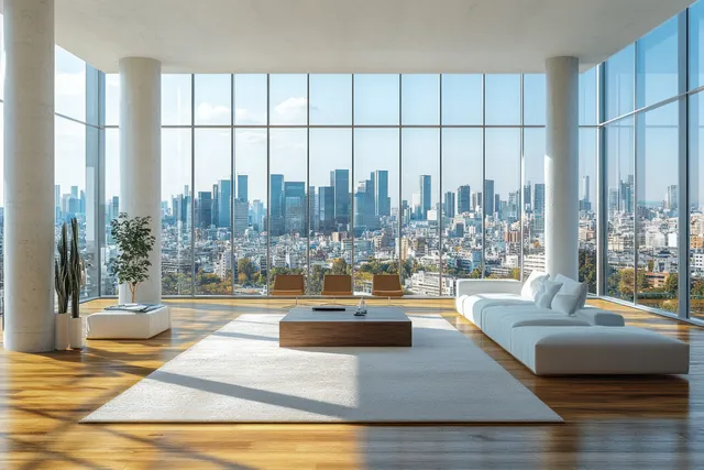Minimalist modern office lounge with floor-to-ceiling windows and city skyline view