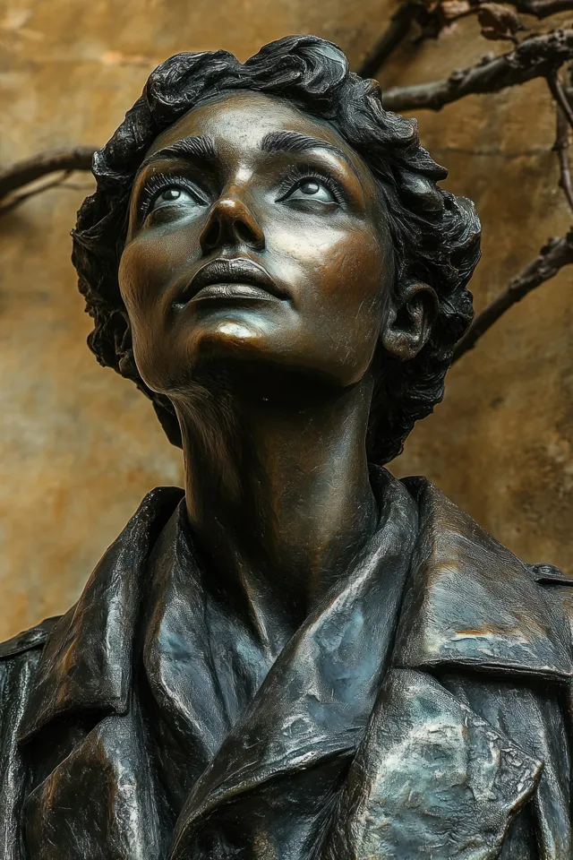 Close-up of a bronze woman statue with short hair gazing upward, textured jacket, and dark patina background.