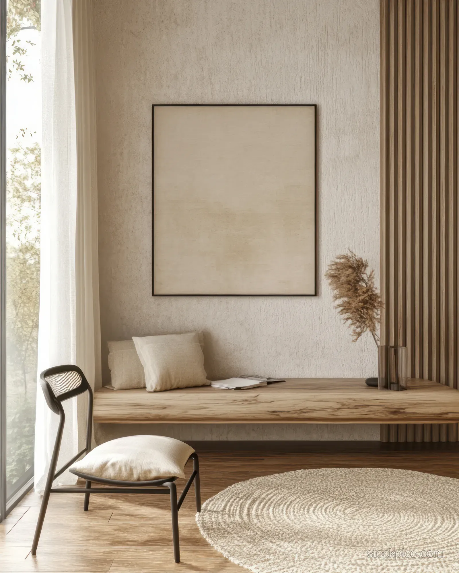 Blank poster frame hangs on a warm wooden wall in a minimal Scandinavian living room with cushions and soft daylight.