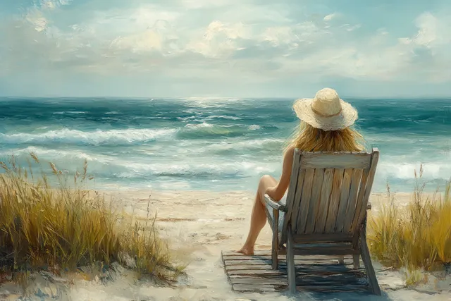 Woman in a sunhat relaxes on a deck chair beside an ocean shoreline with sandy dunes and sea breeze.