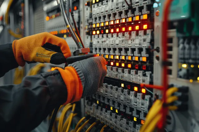 Technician uses a multimeter to inspect an illuminated industrial electrical panel surrounded by labeled cables.