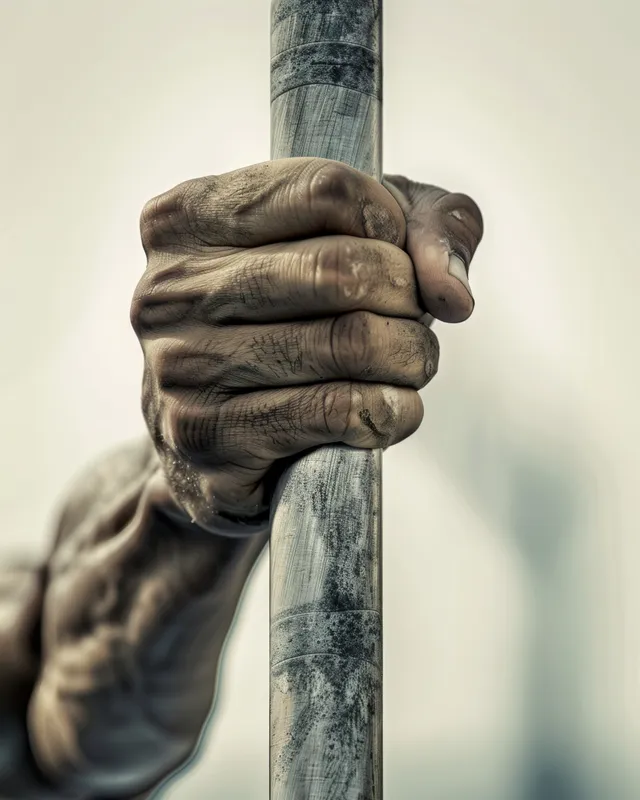 Athlete’s chalked hand gripping a pole during vault training