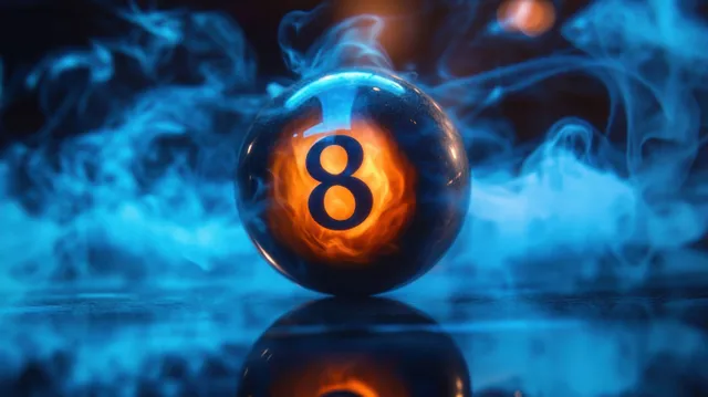A glossy Magic 8 ball with a glowing orange number 8 surrounded by swirling blue smoke in dark lighting.