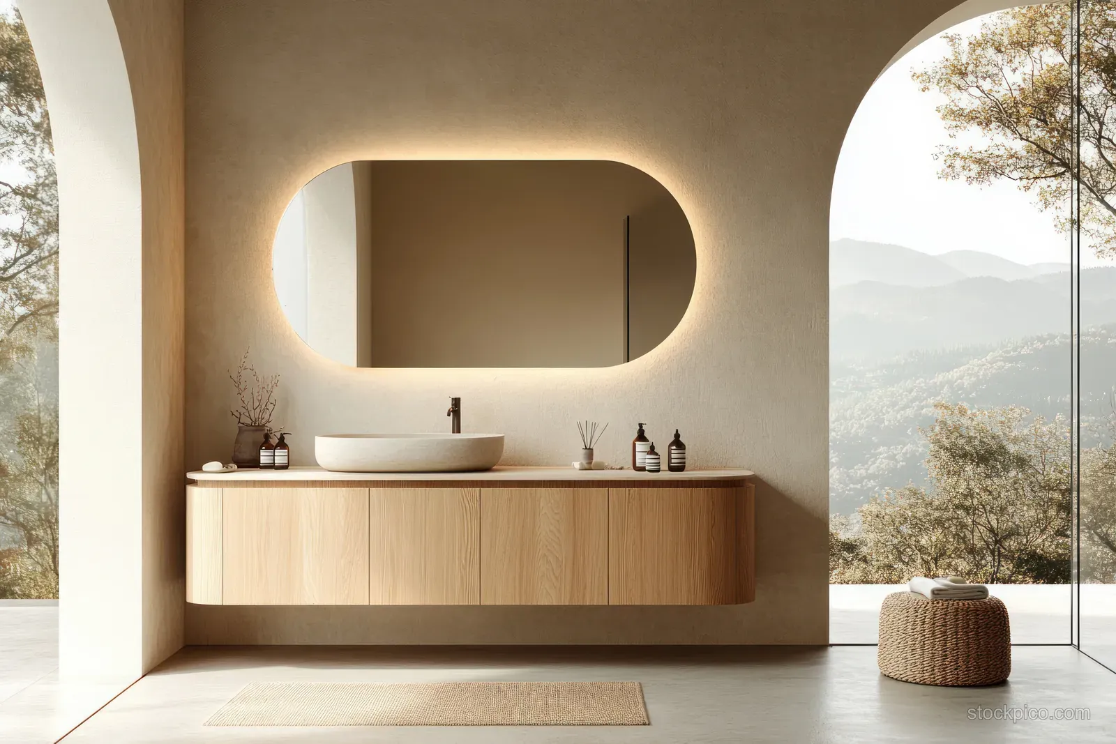 Minimal Scandinavian bathroom shows a wooden vanity with an oval mirror and warm arch lighting by panoramic windows.