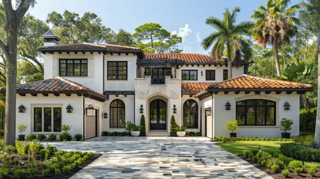 White Spanish colonial home facade with arched entry, black windows, and paver driveway