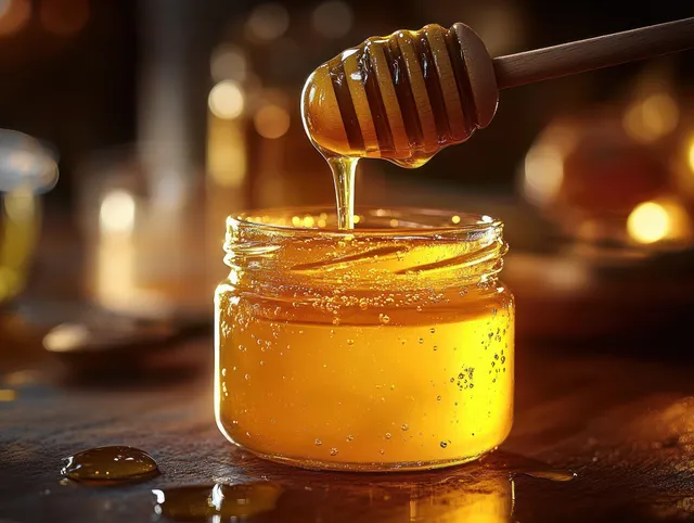 Golden honey pours from wooden dipper into glowing jar on rustic table