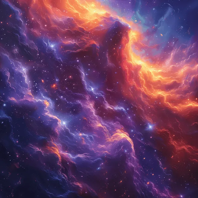 A glowing supernova burst lights swirling purple and orange nebula clouds across a star-filled dark space.