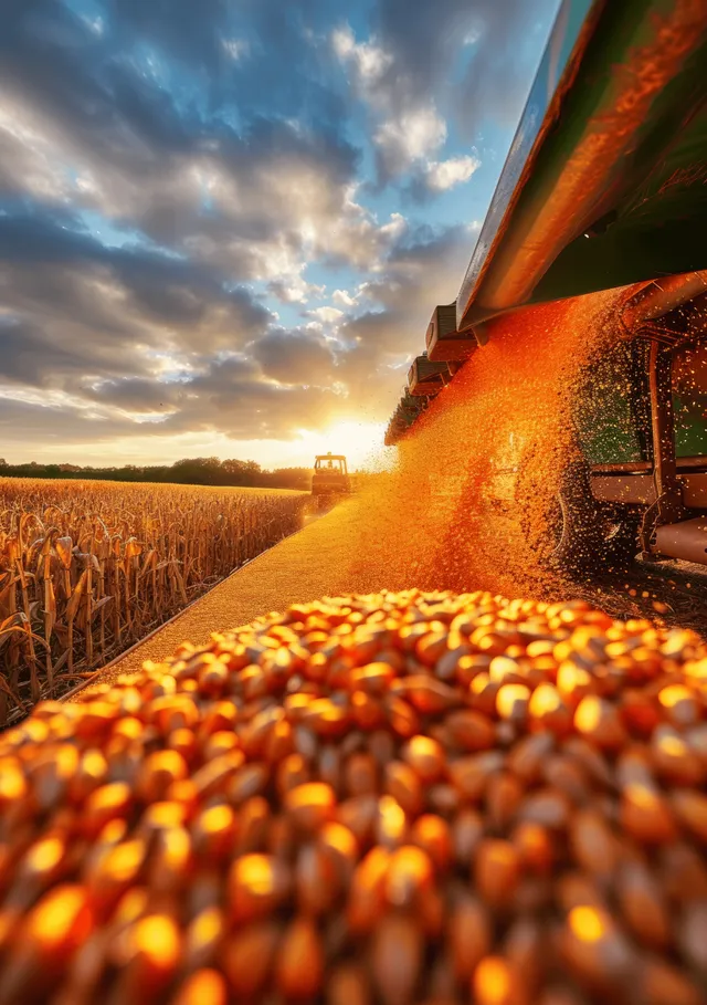A corn harvester unloads kernels into a trailer container as sunset lights the fields.