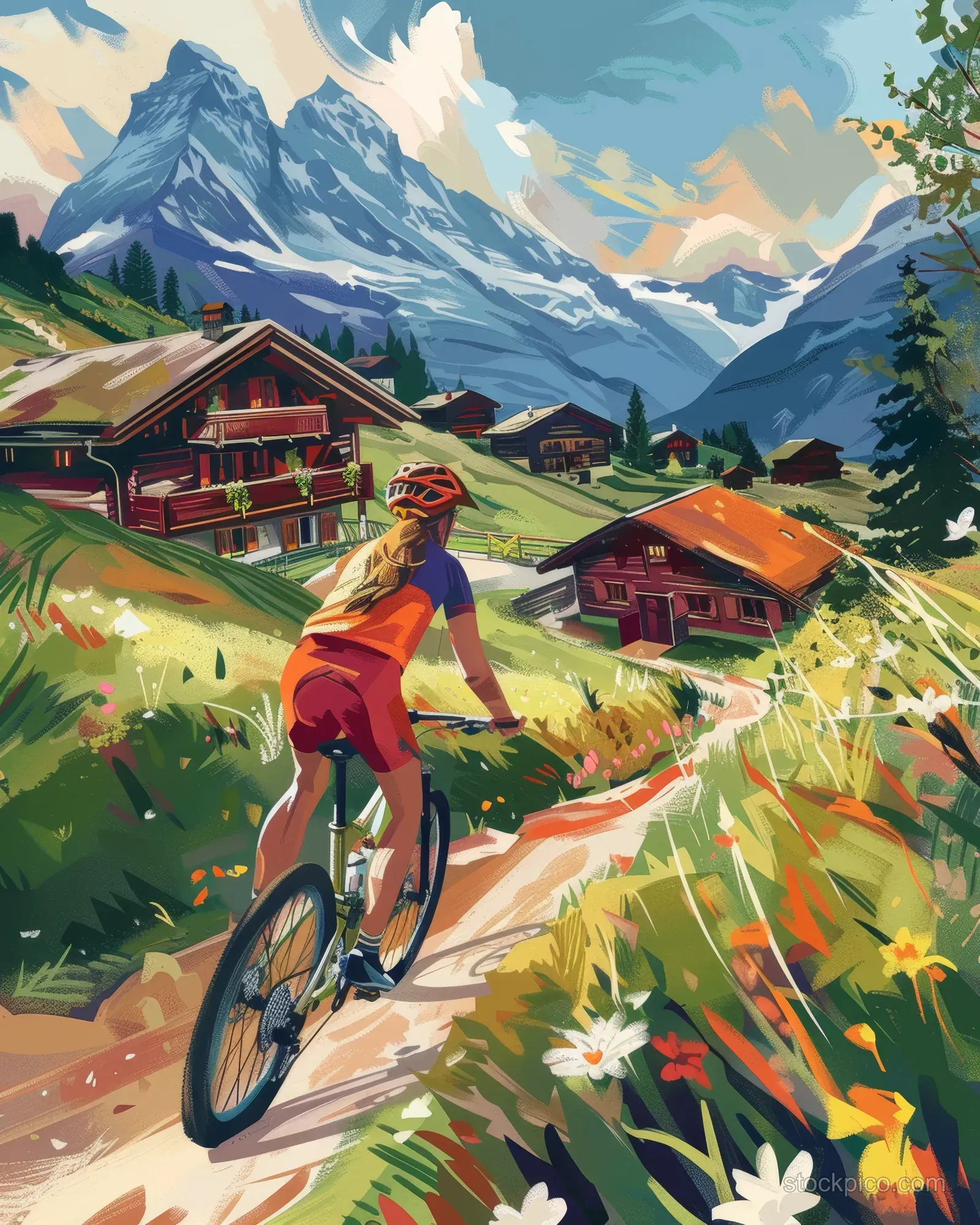 A woman mountain biker rides along a flower-lined trail past Swiss chalets with snowy mountains behind.